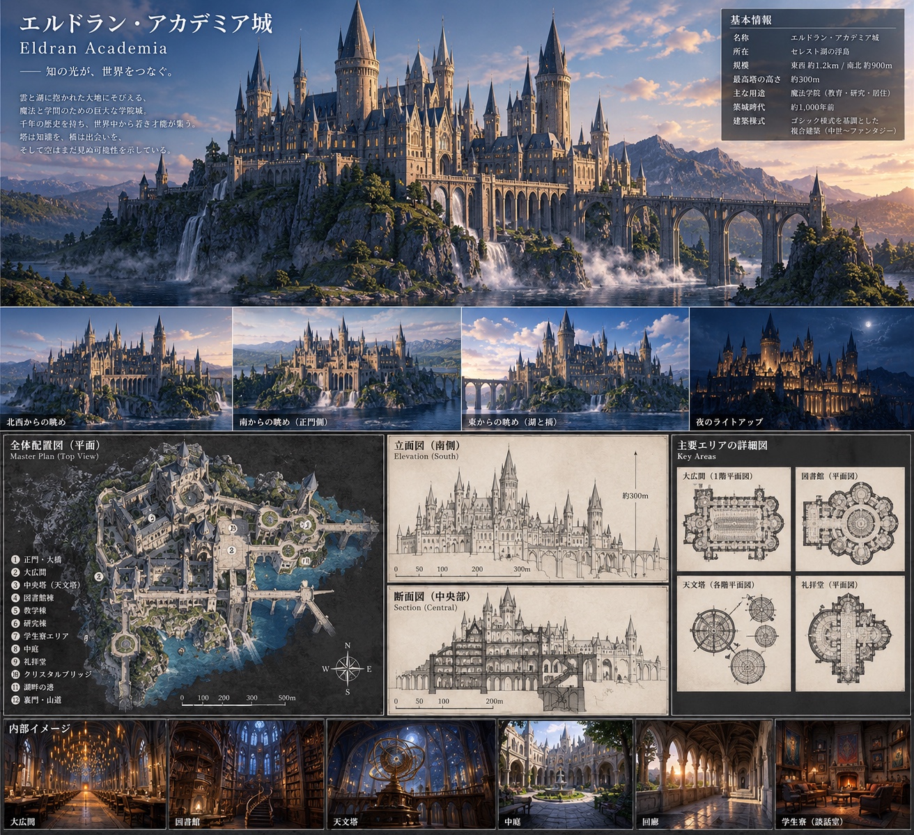 エルドラン・アカデミア城の全景・平面図・立面図・内観をまとめた参考資料