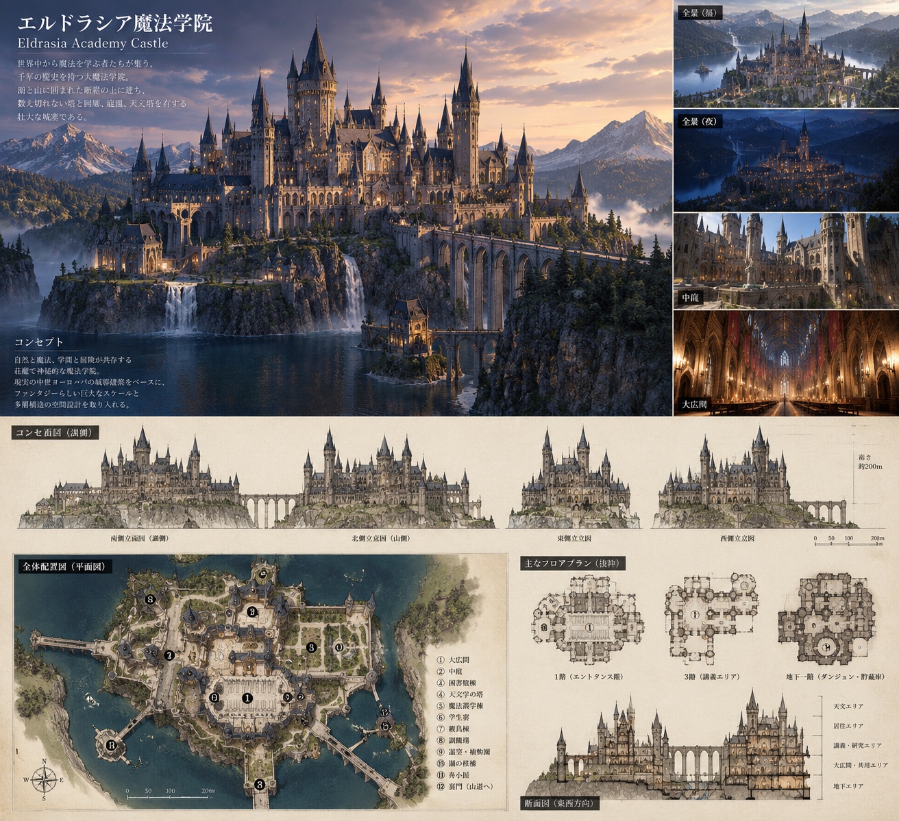 魔法学院城の別コンセプト資料。全景と中庭、立面図、フロアプラン